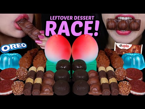 ASMR LEFTOVER DESSERT RACE! VIRAL PEACH ICE CREAM, CHOCOLATE BON BONS, OREO, CHEESECAKE CONES 먹방