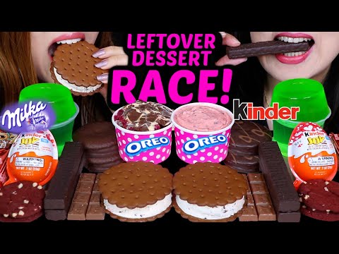 ASMR LEFTOVER DESSERT RACE! MILKA CHOCOLATE, KINDER JOY EGGS, RED VELVET COOKIES, OREO, ICE CREAM 먹방