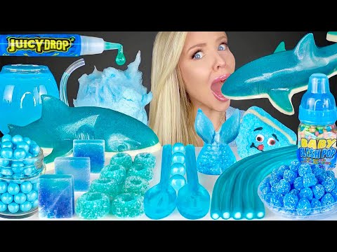 ASMR Blue Food, Blue Razz Gummy Shark, Sour Strips, Sugar Coated Raspberry Jelly Mukbang 먹방