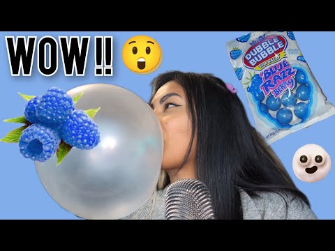ASMR Chewing Dubble Bubble Blue Razz Berry Gumballs , BIG BUBBLES ?!
