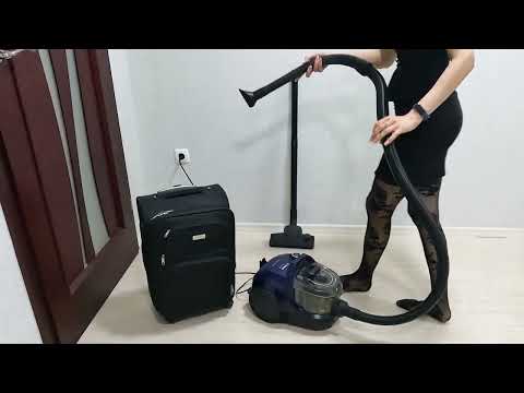 Travel bag. A girl in a dress vacuums without a bag. Bosch BGS21X320. clean with me