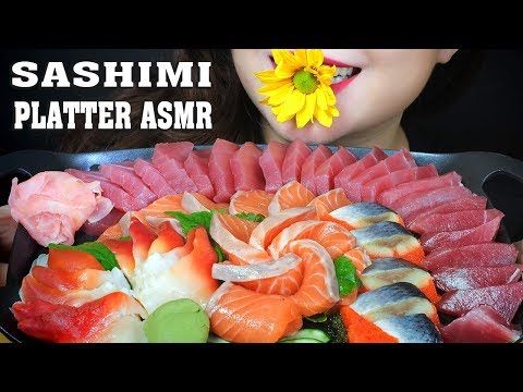 ASMR SASHIMI PLATTER (SALMON,RED CLAMS ,KANZUNOKO NISHIN,TUNA) EATING SOUNDS | LINH-ASMR