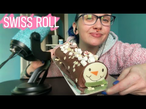 ASMR Eating BIG Chocolate Snowman Swiss Roll ⛄
