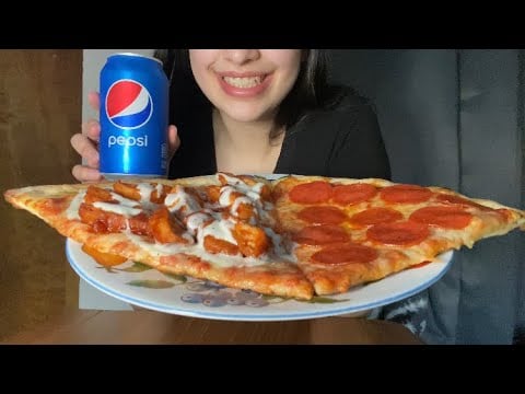HUGE PIZZA SLICES ASMR EATING *BBQ CHICKEN RANCH AND PEPPERONI PIZZA*