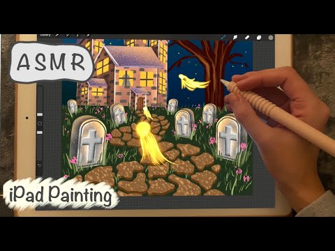 ASMR iPad sounds - Teaching you how to paint a Halloween landscape