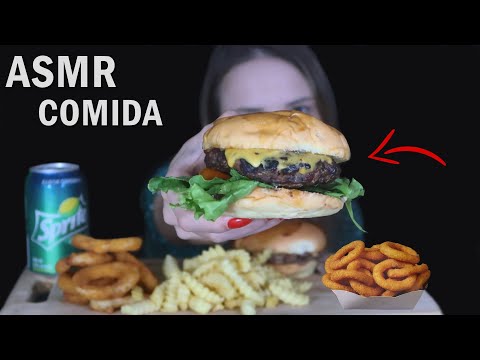 ASMR MUKBANG 🍔 HAMBURGUER ARTESANAL, ANÉIS DE CEBOLA EMPANADO, BATATA FRITA.. 🍟