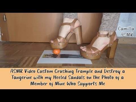 ASMR Crushing Trample a Tangerine with my Heeled Sandals on the Photo of a Member of Mine