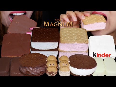 ASMR MILK VS WHITE CHOCOLATE KINDER HAPPY HIPPO, MAGNUM ICE CREAM BAR, ICE CREAM SANDWICH, KLONDIKE