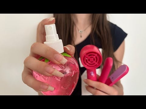 ASMR Using toy equipment to do your hair! Hair brushing/straightening | camera combing+spray sounds