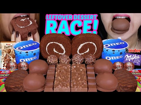 ASMR LEFTOVER DESSERT RACE! OREO ICE CREAM, CHOCOLATE ROLL CAKE, MILKA BIG CHOCOLATE MARSHMALLOWS 먹방