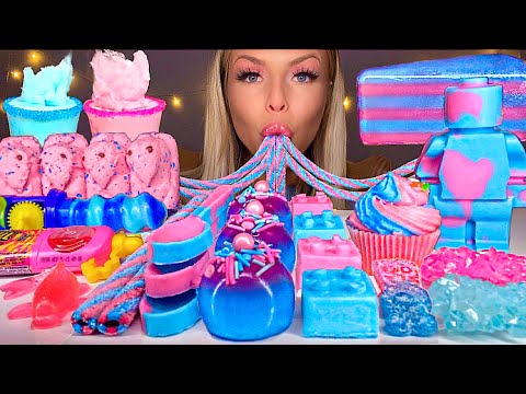 ASMR *BLUE & PINK FOOD* COTTON CANDY MARSHMALLOW FLUFF, CHOCOLATE LEGO MAN, JELLY CAKE MUKBANG 먹방