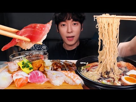 MUKBANG 일식 초밥, 돈코츠 라멘, 규동 먹방 (계란,연어,참치,새우.소고기) PORK NOODLES & SUSHI JAPAN STYLE FOODS