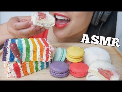 ASMR RAINBOW CAKE + SNOW BALL MOCHI + MACARON (SOFT RELAXING EATING SOUNDS) NO TALKING | SAS-ASMR