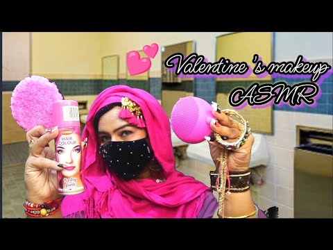 ASMR-🧕🏼Hijabi girl doing 💕VALANTINE'S makeup 💄in School Bathroom  #layeredasmr #mouthsounds