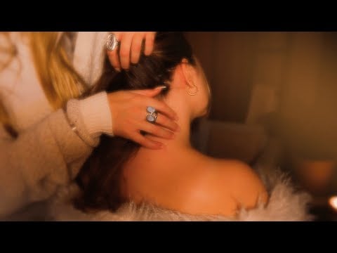 ASMR 🌙 nostalgic neck, baby hair and back tracing (calm neck tracing, scalp massage, fire crackling)