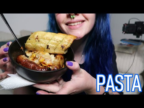 ASMR Eating Creamy Cheesy Tomato Pasta, Chicken Sausages & Garlic Bread | FEAT. Olly Bowl Licks 🐱
