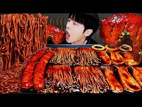 ASMR MUKBANG | 직접 만든 불닭 짜장 버섯 양념치킨 소세지 먹방 & 레시피 FRIED CHICKEN AND FIRE NOODLES EATING