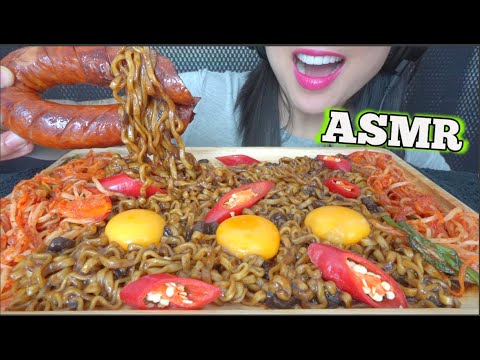 ASMR SPICY BLACKBEAN NOODLES + SAUSAGE + EGGS (EATING SOUNDS) NO TALKING | SAS-ASMR