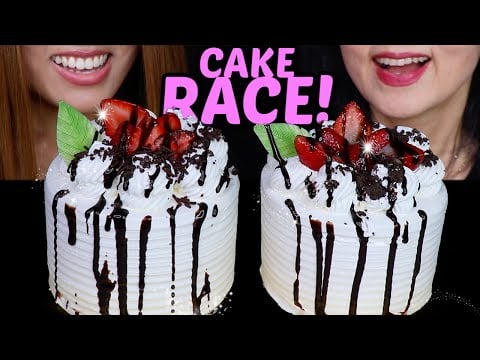 ASMR STRAWBERRY FRESH CREAM CAKE RACE! *frozen cake* icy eating sounds 먹방