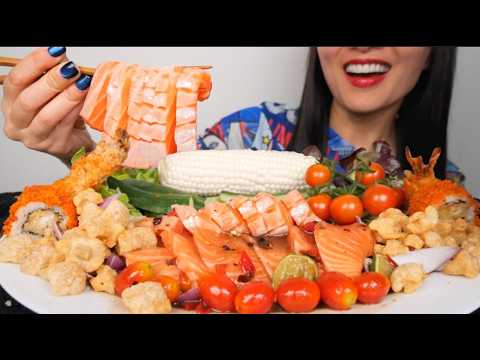 SPICY SALMON SALAD + FRESH VEGGIES + CRUNCHY PRAWN ROLL (ASMR EATING SOUNDS) NO TALKING | SAS-ASMR