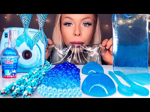 ASMR *BLUE FOOD* EDIBLE INSTAX CAMERA, CLEAR SHEET JELLY, SLUSH PUPPY, MERMAID TAIL JELLY MUKBANG 먹방