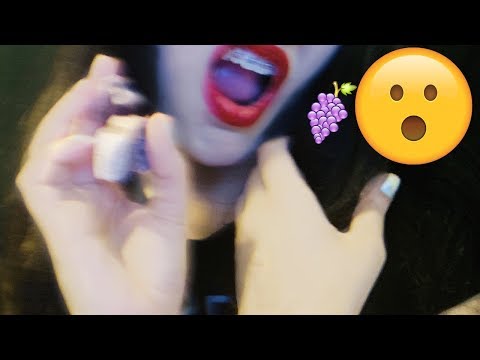 ASMR Bubblegum Chewing🍇🍇🍇,🍬Whispering and Blowing Bubbles🌬 Up Close