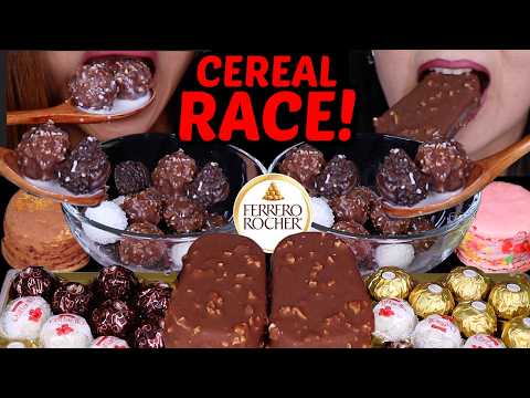 ASMR LEFTOVER CEREAL BOWL RACE! Ferrero Rocher assortment, big cream macarons, crunchy ice cream 먹방
