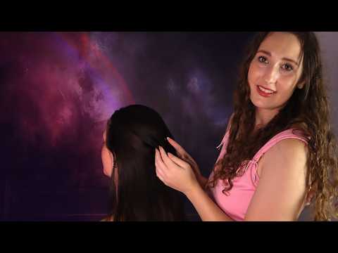 asmr hair play, hair brushing & hair styling on a real person (soft spoken)