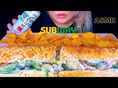 ASMR EATING SUBWAY FOOTLONG VEGGIE DELITE MUKBANG (no talking) EATING SOUNDS | Mandy Foods ASMR