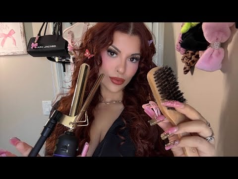 ASMR Curling & Clipping Your Hair🪞🎀 Hair Parting, Teasing + Hair Fluffing (Clicky Nails)