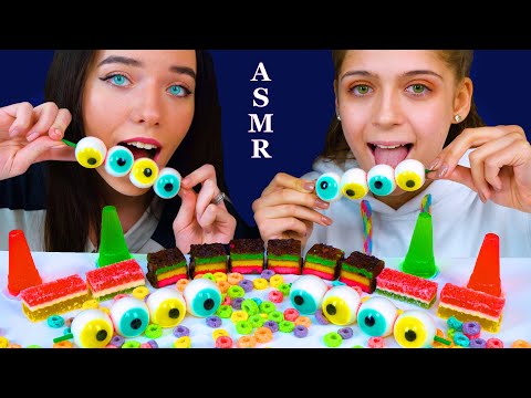 ASMR RAINBOW FOOD PARTY, SOUR GUMMY EYEBALLS, RAINBOW COOKIES, JELLO CUPS, FRUIT JELLIES MUKBANG