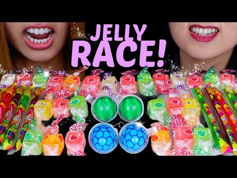 ASMR JELLY RACE! Rainbow jewel jelly candy, watermelon gummy, blue raspberry gummy, jelly noodles 먹방