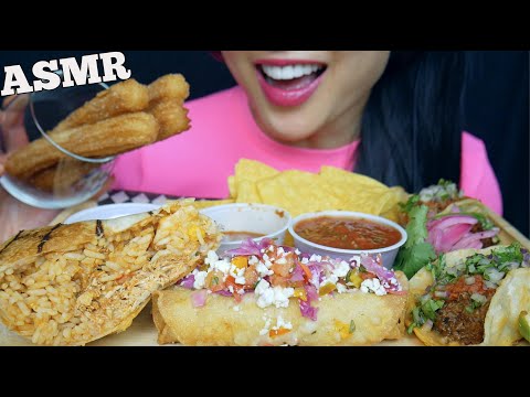 ASMR CHICKEN BURRITO TAQUITOS TACOS CHURROS *MEXICAN FOOD FEAST (EATING SOUND) NO TALKING | SAS-ASMR