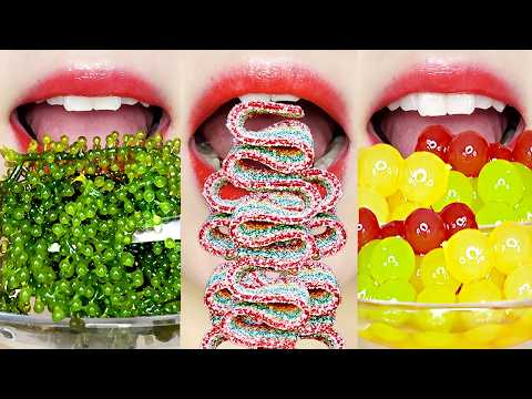 asmr EMOJI MUKBANG 🌈🍇🍯🟡🥭🍑🍓🐥💎 Frozen Jelly, Sea Grapes, Popping Boba, Honey Jelly