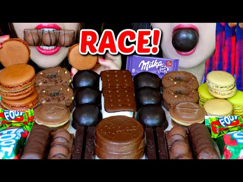 ASMR LEFTOVER DESSERT RACE (CHOCOLATE MARSHMALLOW, ICE CREAM, JELLY, GUMMY, CAKE BARS, MACARONS 먹방