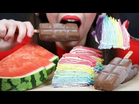 ASMR ICE CREAM BARS, RAINBOW CREPE CAKE, WATERMELON (Soft & Juicy Eating Sounds) No Talking