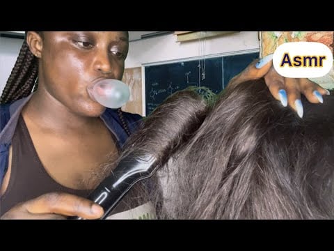 Asmr🎒Girl who sit behind you in class plays with your hair + curls your hair + bubblegum cracking