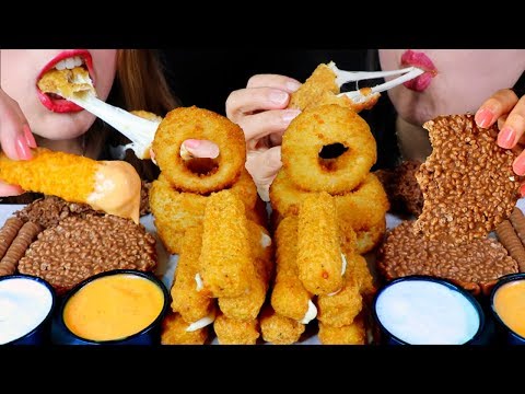 ASMR CHEESY MOZZARELLA STICKS, ONION RINGS, CARAMEL RICE CRISPS, CHOCOLATE ROLLS 먹방 | Kim&Liz ASMR