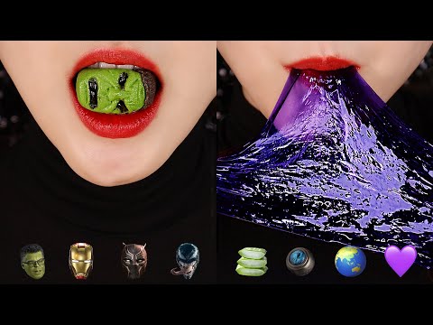 MARVEL HERO FOOD CHALLENGE EMOJI FOOD CHALLENGE MARZIPAN, ALOE ASMR 🌏