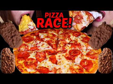 ASMR Cheesy pepperoni pizza RACE! Chocolate crunch ice cream bars, BBQ ribs *BIG BITES* 먹방