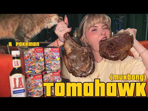 Tomahawk Steak Mukbang 🥩 + We Pulled a $250 Lucario!! 🤯🎴