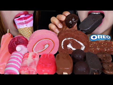 ASMR STRAWBERRY VS CHOCOLATE DESSERTS (CREAM ROLL CAKES, ICE CREAM BON BONS, OREO ICE CREAM, CONE 먹방