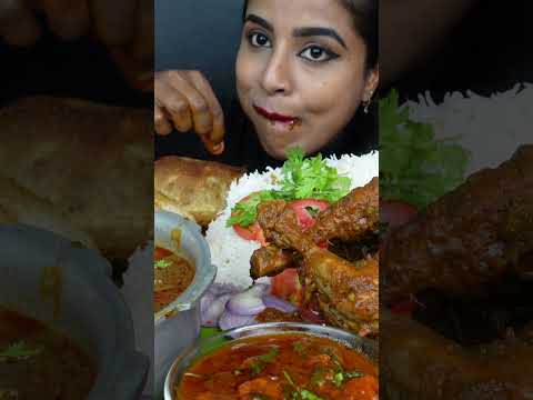 ASMR Eating Dragon Chicken Masala,Whole Chicken Liver Curry,Rice,Poori Big Bites ASMR Eating Mukbang