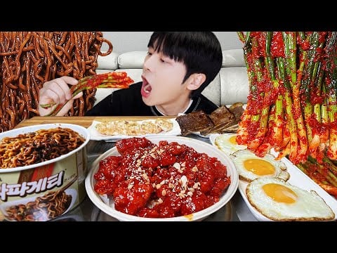 ASMR MUKBANG | 직접 만든 짜파게티 양념 치킨 먹방! 파김치 레시피 & RECIPE FRIED CHICKEN, BLACK BEAN NOODLES EATING
