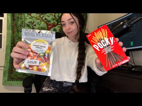 ASMR Eating Crunchy Snacks (Freeze Dried Skittles & Chocolate Pocky) Satisfying Tingles