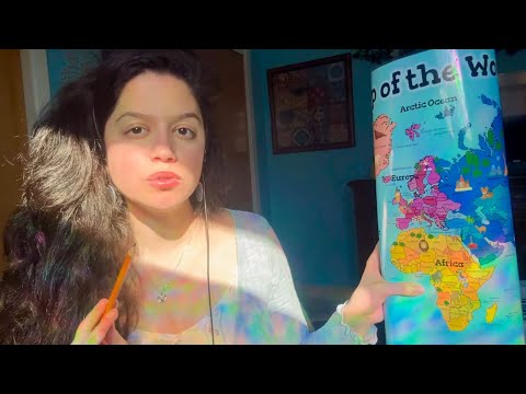 asmr • soft world geography teacher uses children’s map to teach countries + continents