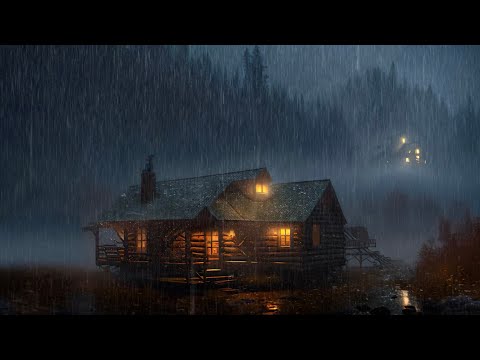 2 HOURS Relaxing sounds - Intense heavy rain, a view of a cozy cabin in the wood. Sleep, study, read