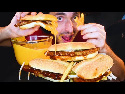 MCDONALDS TRIPLE MCRIB AND CHEESE SAUCE FEAST + FRIES * ASMR MUKBANG NO TALKING *