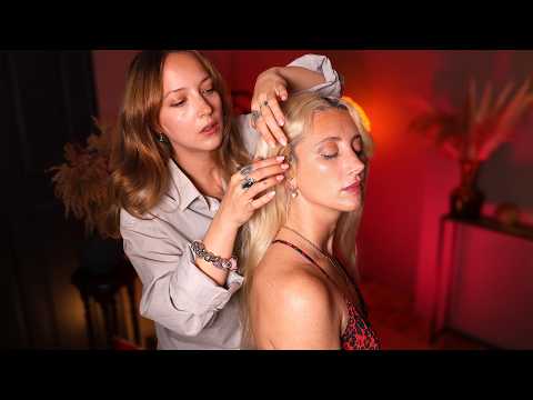 ASMR Face Analysis with Personal Make-up Application with Tousled Hair Styling + Dress Adjustments