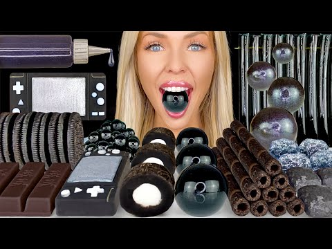 ASMR BLACK FOOD MUKBANG, KITKAT DARK CHOCOLATE, GRAPE JELLY, WAFER ROLLS, OREO CARAMEL 먹방